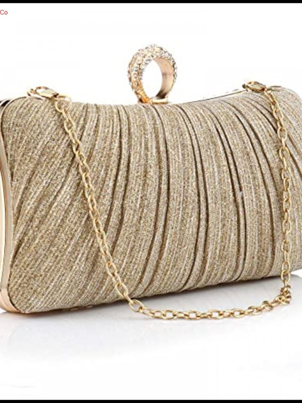 Pleated Glitter Evening Clutch with Rhinestone Ruched Fabric Detachable Chain